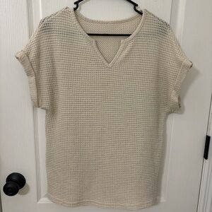 Women's Cream Waffle Knit V-Neck Short Sleeve Top